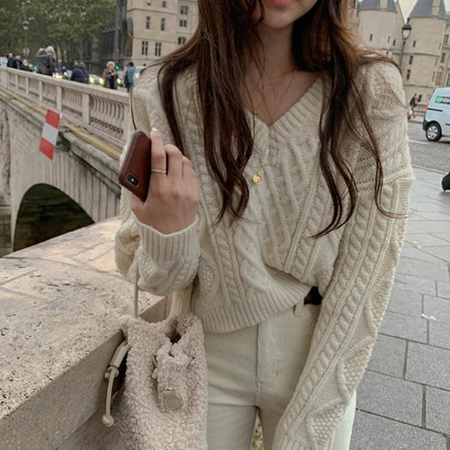 EB | Strickpullover Kabelstrick V-Ausschnitt Lässige Passform Lange Ärmel