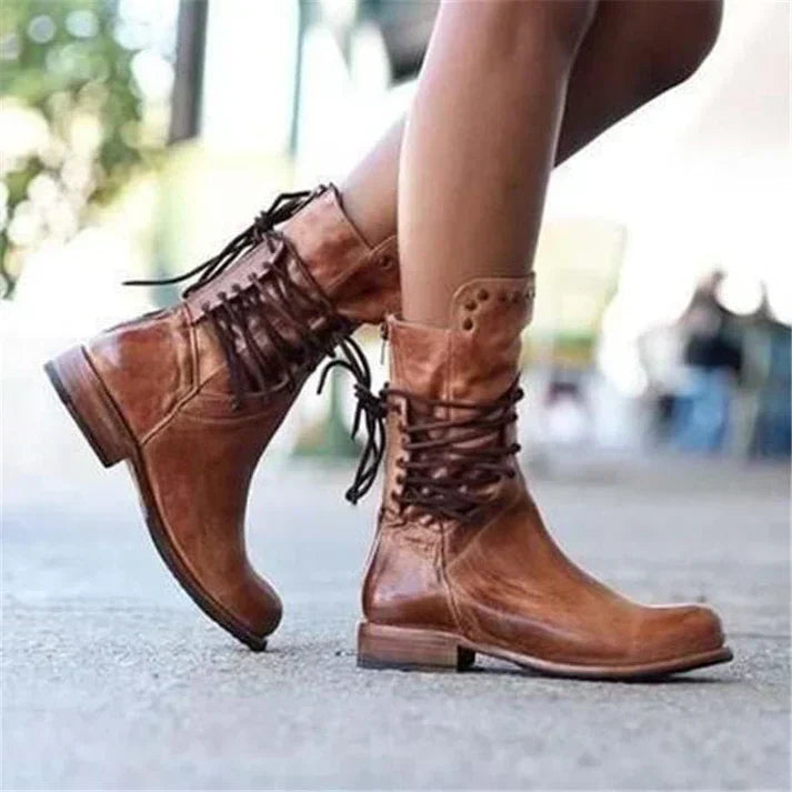Stylische Lederstiefel Mit Schnürsenkeln EB
