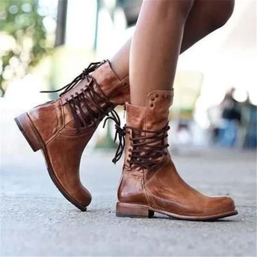 Stylische Lederstiefel Mit Schnürsenkeln EB