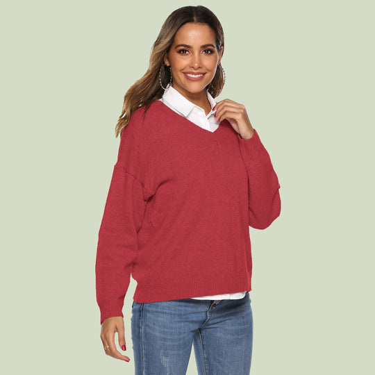 EB | Strickpullover V-Ausschnitt Lockere Passform Lange Ärmel Weich und Bequem