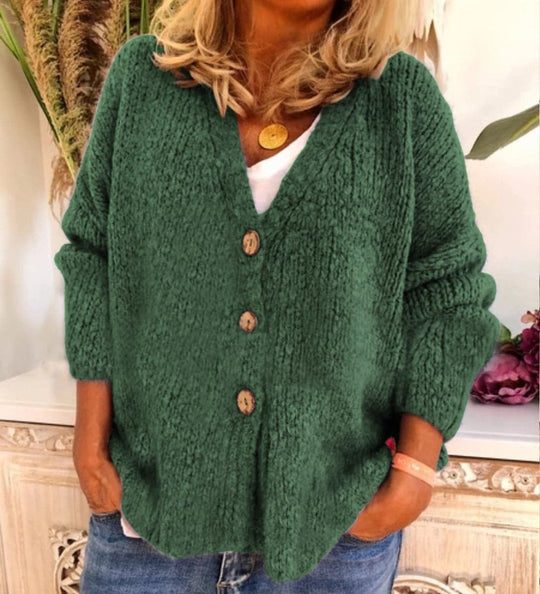 EB | Cardigan Relaxed Fit Chunky Knit V-Ausschnitt Knopf Vorderseite Ballonärmel