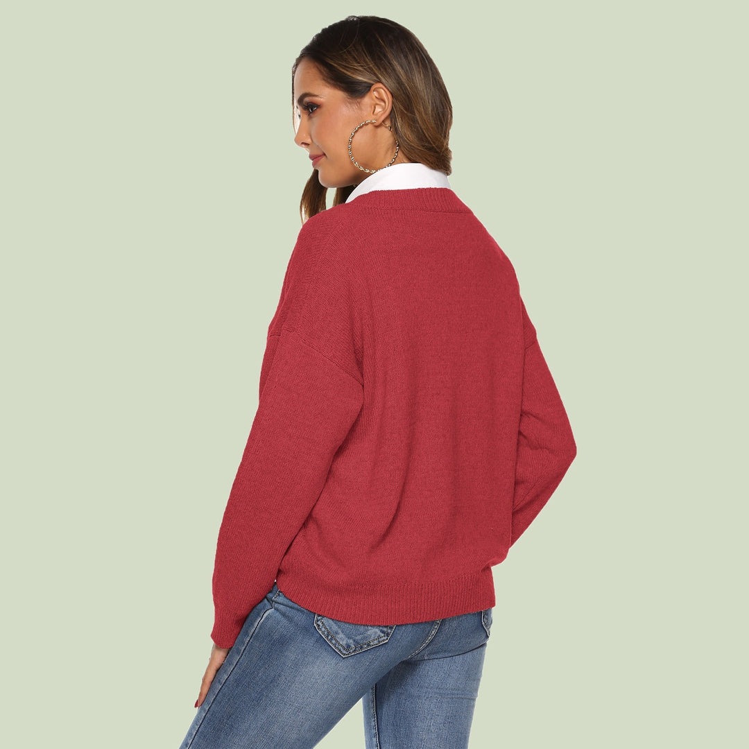 EB | Strickpullover V-Ausschnitt Lockere Passform Lange Ärmel Weich und Bequem
