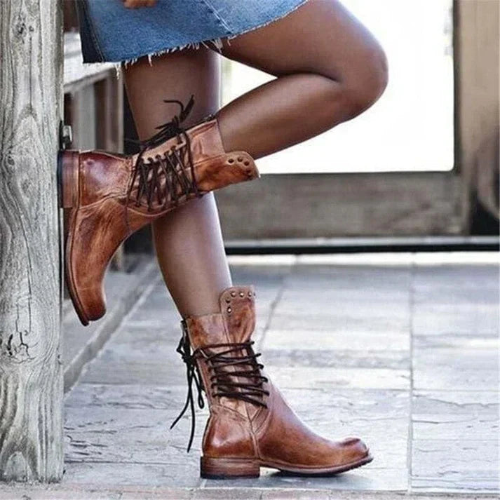 Stylische Lederstiefel Mit Schnürsenkeln EB