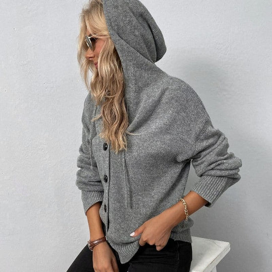 EB | Strickcardigan -Weich und Warm mit Kapuze und Knopfverschluss Lockere Passform