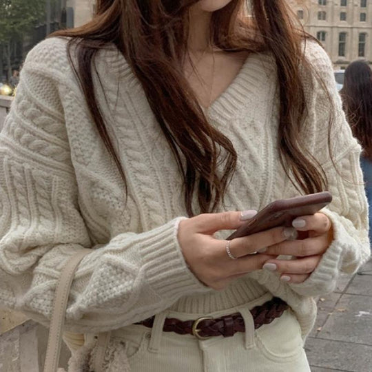 EB | Strickpullover Kabelstrick V-Ausschnitt Lässige Passform Lange Ärmel
