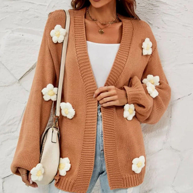 EB | Blumengemusterter Strickcardigan Polyester Braun, Blumendetails, Komfortabel