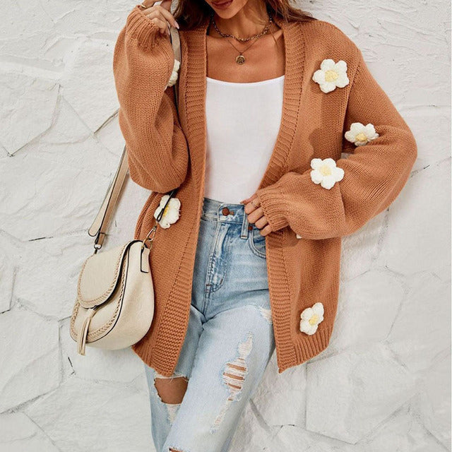 EB | Blumengemusterter Strickcardigan Polyester Braun, Blumendetails, Komfortabel