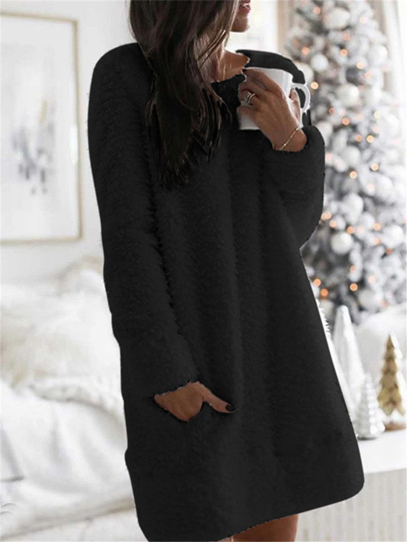 EB - Volltonfarbe Rundhalsausschnitt Warmes Kleid