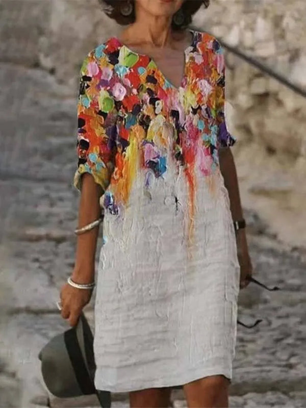 EB | Damenkleid aus Baumwolle,mit Ausschnitt und Druck Ölgemälde