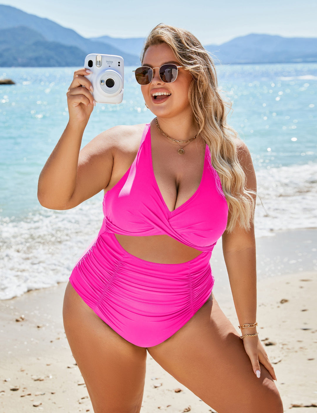 EB | Damen Einteiler Badeanzüge Push Up Bauchkontrolle Badeanzüge V-Ausschnitt Cutout Anständige Bademode