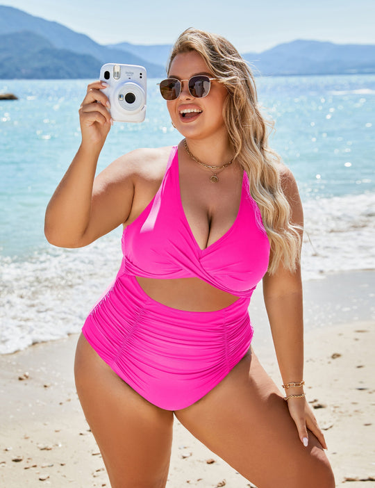 EB | Damen Einteiler Badeanzüge Push Up Bauchkontrolle Badeanzüge V-Ausschnitt Cutout Anständige Bademode