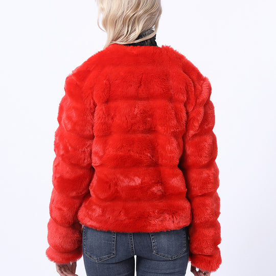 Damen Flauschige Kunstpelzjacke mit quer gestepptem Design EB