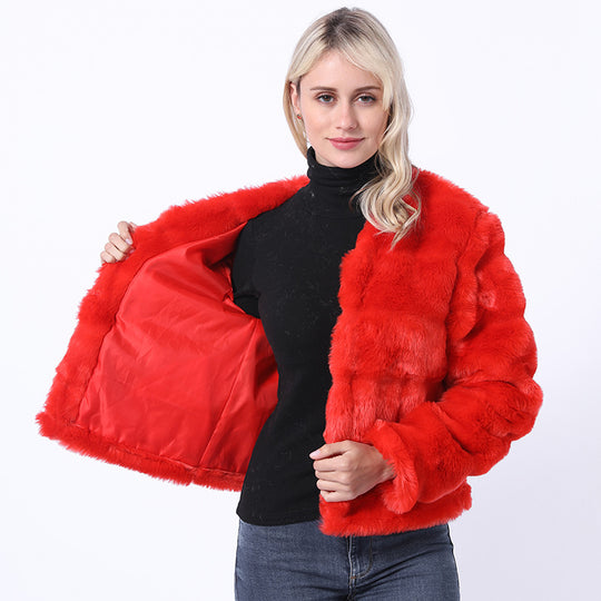Damen Flauschige Kunstpelzjacke mit quer gestepptem Design EB