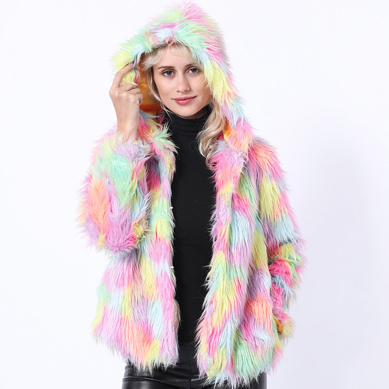 Damen Flauschige Kunstpelzjacke mit leuchtenden Farben EB