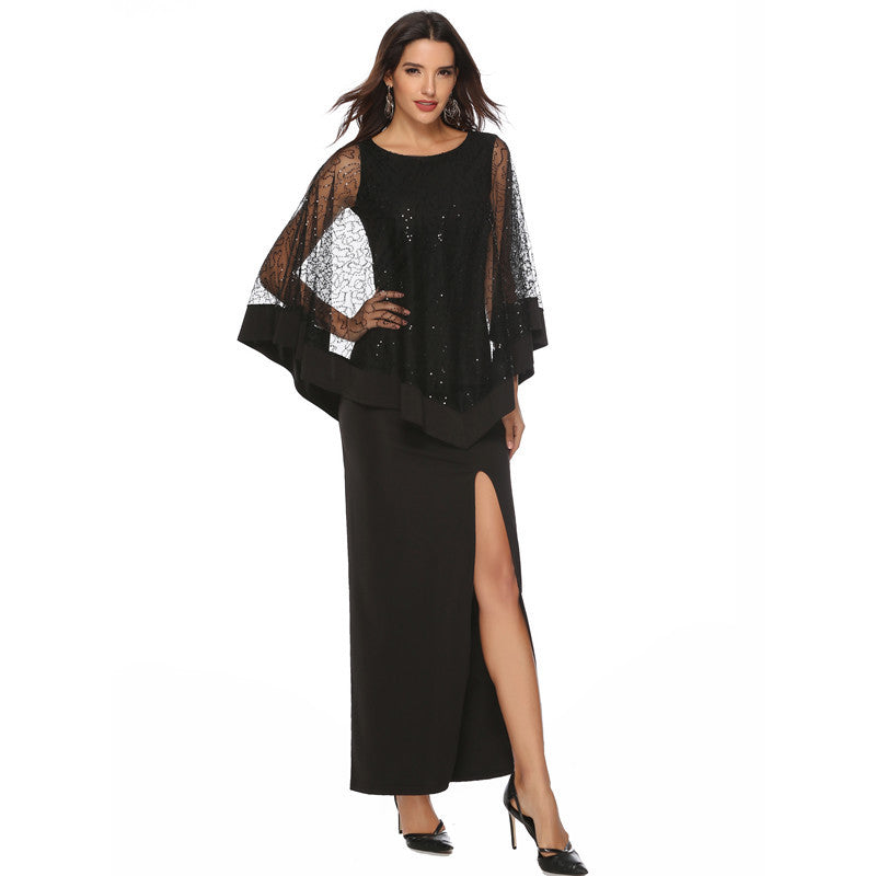 Damen Elegantes Abendkleid mit transparenten Spitzenärmeln und hohem Schlitz EB