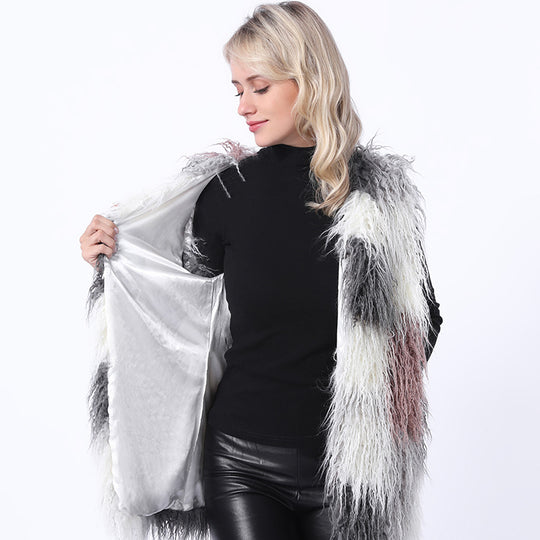 Damen Flauschige Kunstpelz-Weste im Patchwork-Design EB