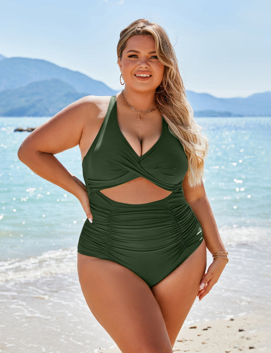EB | Damen Einteiler Badeanzüge Push Up Bauchkontrolle Badeanzüge V-Ausschnitt Cutout Anständige Bademode
