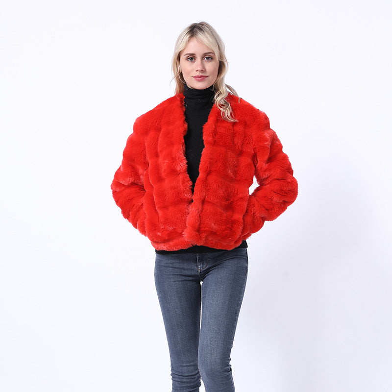 Damen Flauschige Kunstpelzjacke mit quer gestepptem Design EB