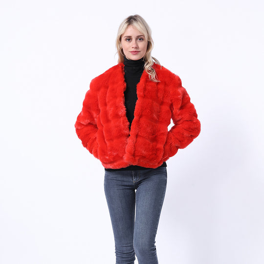 Damen Flauschige Kunstpelzjacke mit quer gestepptem Design EB