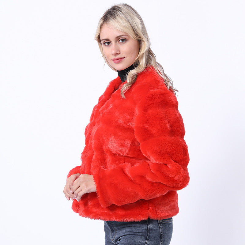 Damen Flauschige Kunstpelzjacke mit quer gestepptem Design EB