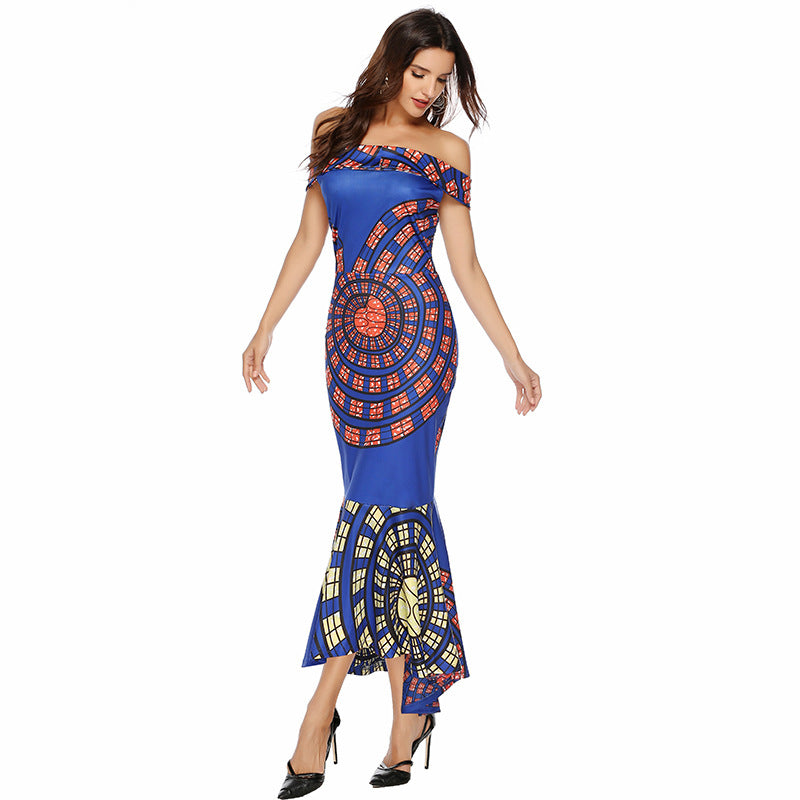 Damen Off-Shoulder Maxikleid mit einzigartigem Muster und asymmetrischem Saum EB