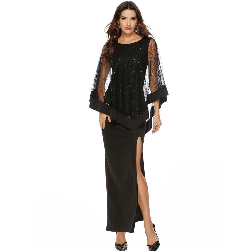 Damen Elegantes Abendkleid mit transparenten Spitzenärmeln und hohem Schlitz EB