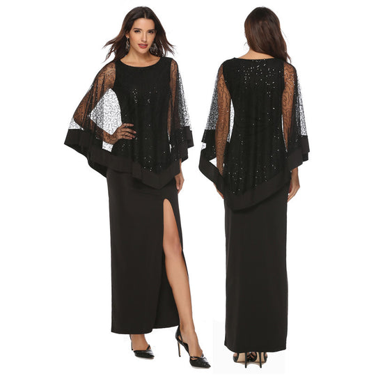 Damen Elegantes Abendkleid mit transparenten Spitzenärmeln und hohem Schlitz EB