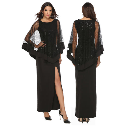 Damen Elegantes Abendkleid mit transparenten Spitzenärmeln und hohem Schlitz EB