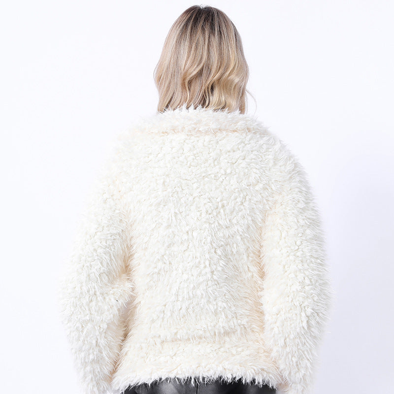 Damen Modischer Kunstpelzjacke mit elegantem Kragen und seitlichen Taschen EB