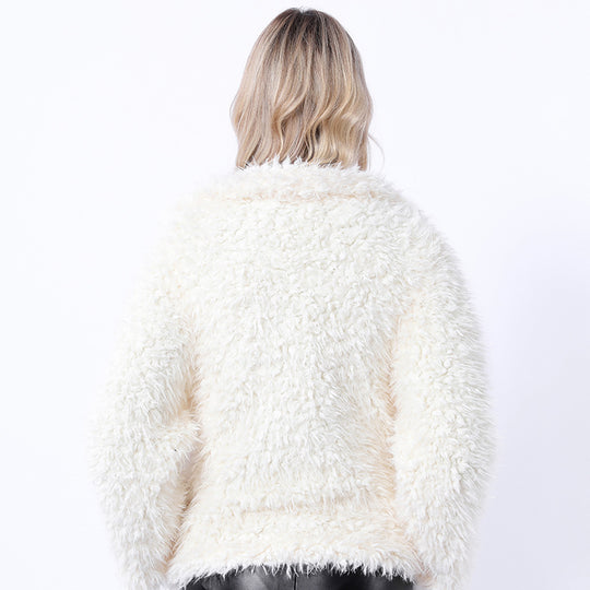 Damen Modischer Kunstpelzjacke mit elegantem Kragen und seitlichen Taschen EB