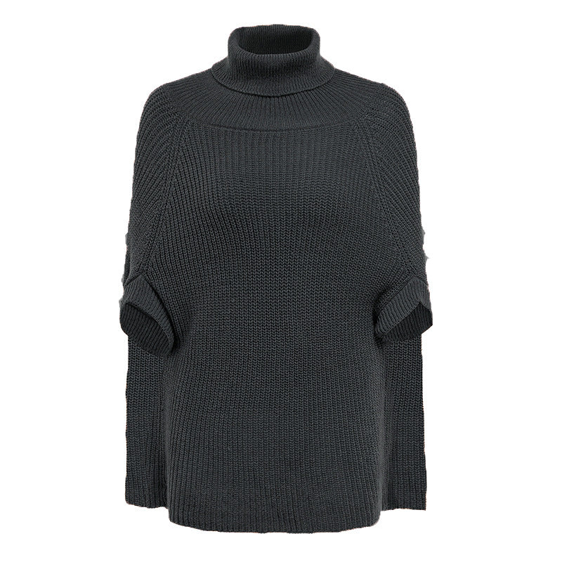 Damen modischer Strickpullover mit hochstehendem Kragen und exklusivem Häkelmuster EB