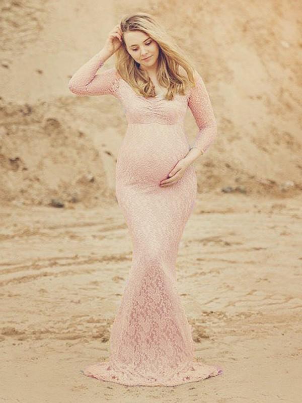 EB Schwangerschafts-Chaps für Fotoshooting, figurbetontes Maxikleid mit rosa Spitze, Meerjungfrau, elegante Mode