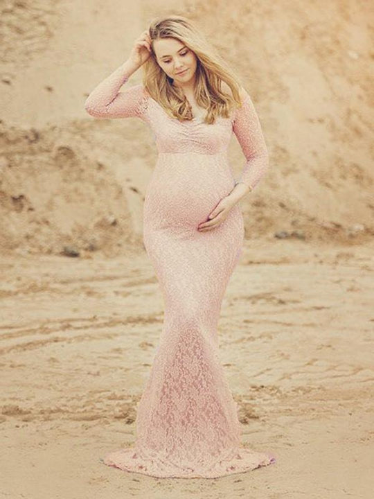 EB Schwangerschafts-Chaps für Fotoshooting, figurbetontes Maxikleid mit rosa Spitze, Meerjungfrau, elegante Mode