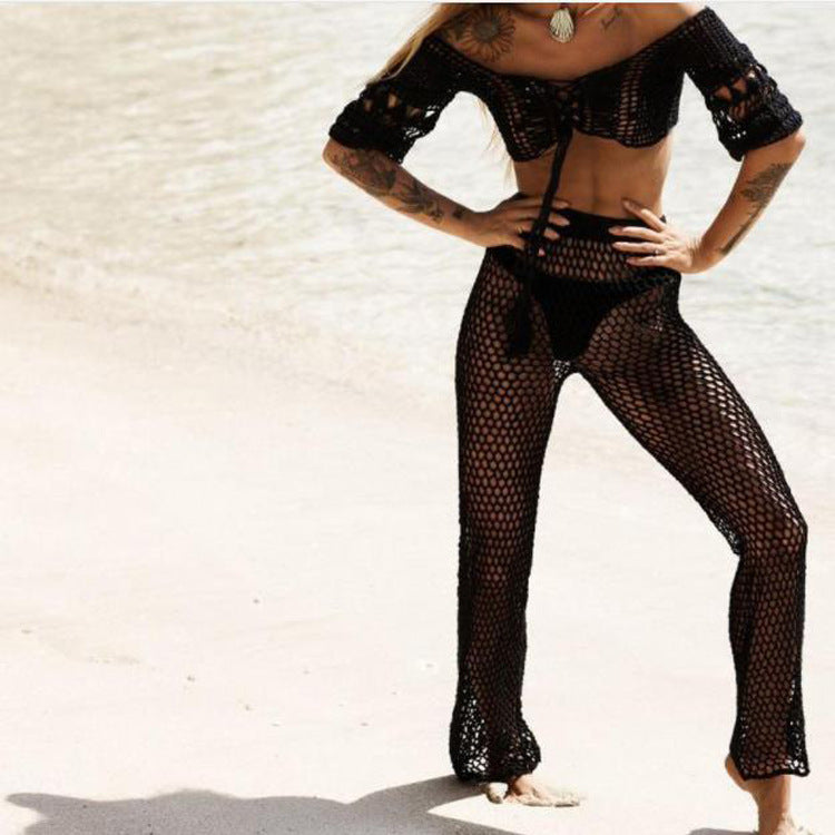 Damen Netz-Strandhose mit hohem Bund und weitem Bein EB