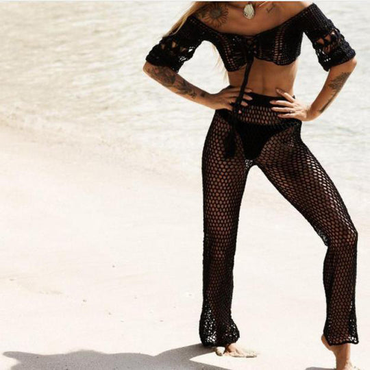 Damen Netz-Strandhose mit hohem Bund und weitem Bein EB