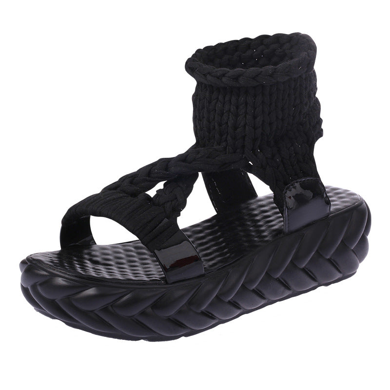 Damen nan handgeflochtene Strick-Sandalette mit elastischem Knöchelsteg und ergonomischer Schaumpolstersohle EB