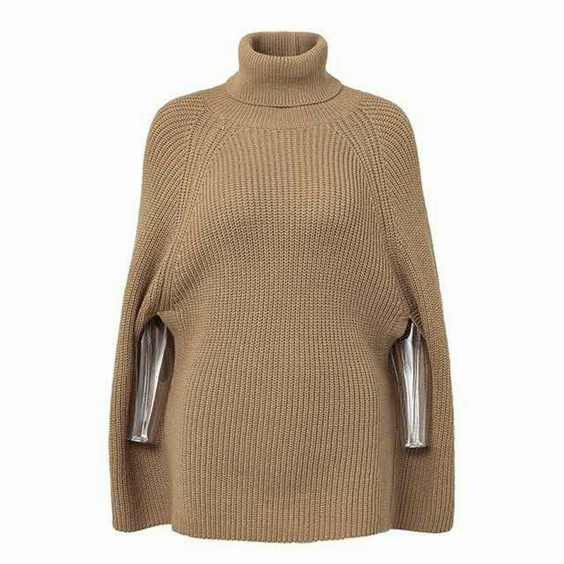 Damen modischer Strickpullover mit hochstehendem Kragen und exklusivem Häkelmuster EB