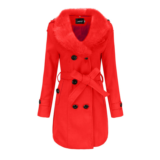 Damen eleganter Trenchcoat mit Kunstpelzkragen und Taillengürtel EB