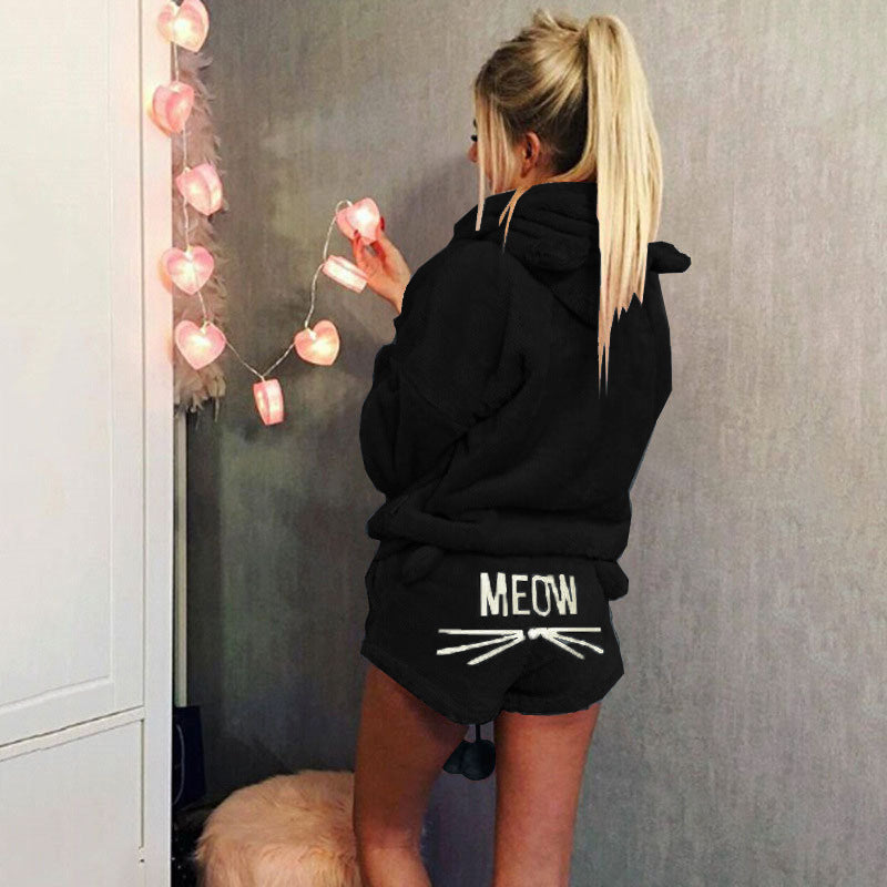 Damen nan kuscheliges zweiteiliges Lounge-Set mit Kapuzenpullover und Shorts mit MEOW-Stickerei EB
