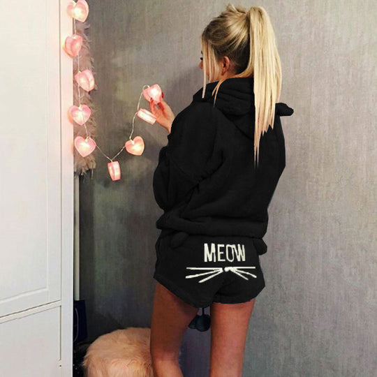 Damen nan kuscheliges zweiteiliges Lounge-Set mit Kapuzenpullover und Shorts mit MEOW-Stickerei EB