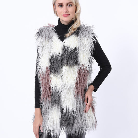 Damen Flauschige Kunstpelz-Weste im Patchwork-Design EB