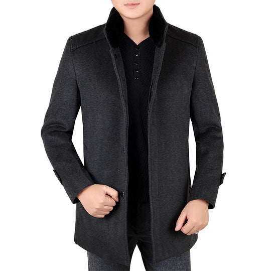 Herren Eleganter Wollmix-Kurzmantel mit hochschließendem Pelzkragen und verdeckter Knopfleiste EB