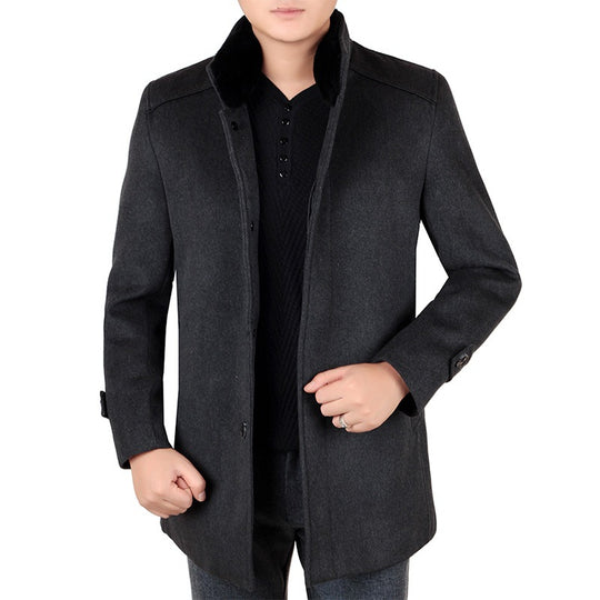 Herren Eleganter Wollmix-Kurzmantel mit hochschließendem Pelzkragen und verdeckter Knopfleiste EB