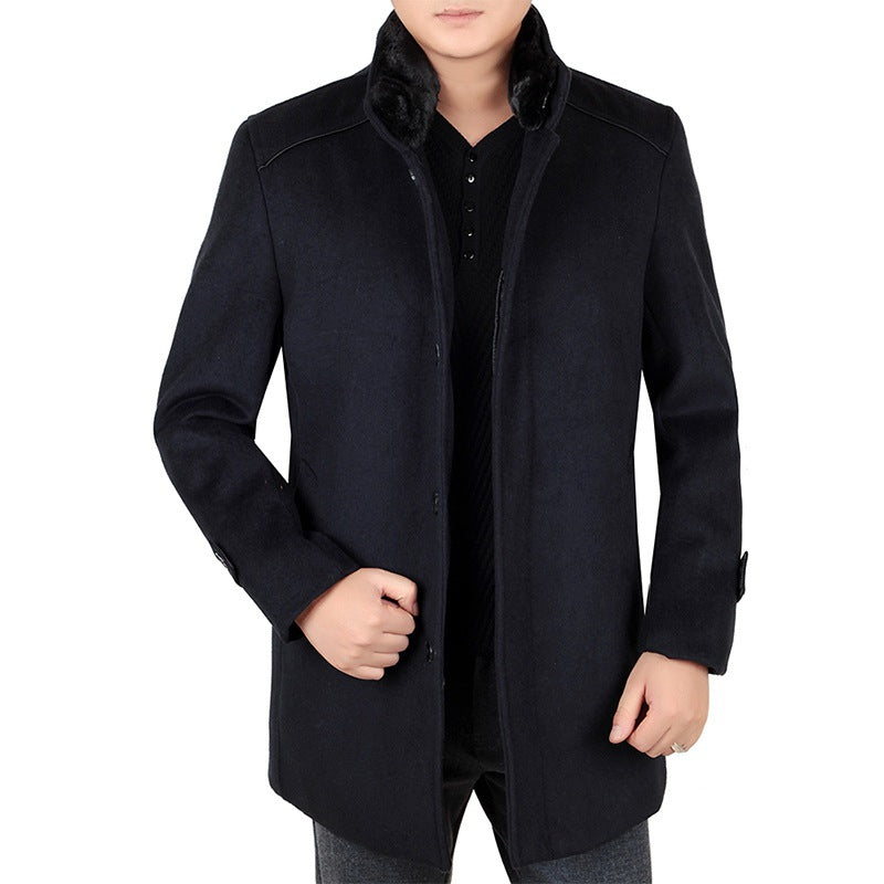Herren Eleganter Wollmix-Kurzmantel mit hochschließendem Pelzkragen und verdeckter Knopfleiste EB