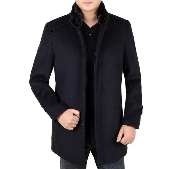 Herren Eleganter Wollmix-Kurzmantel mit hochschließendem Pelzkragen und verdeckter Knopfleiste EB