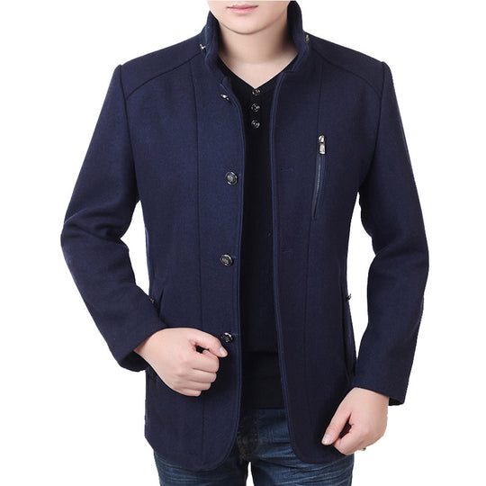 Herren Kurzer Wollmix-Mantel im Citystil mit Stehkragen und sichtbarer Brust-Reißverschlusstasche EB