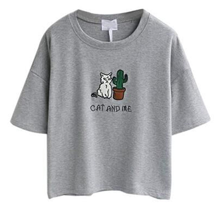 Damen lässiges T-Shirt mit süßem Katzen- und Pflanzenmotiv EB