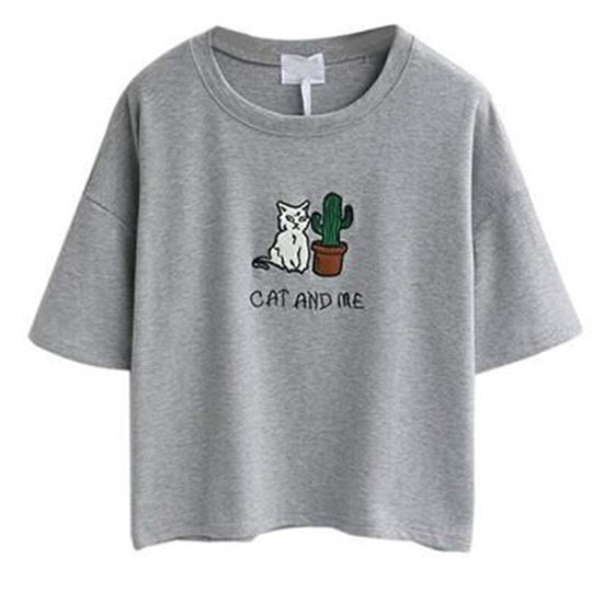 Damen lässiges T-Shirt mit süßem Katzen- und Pflanzenmotiv EB