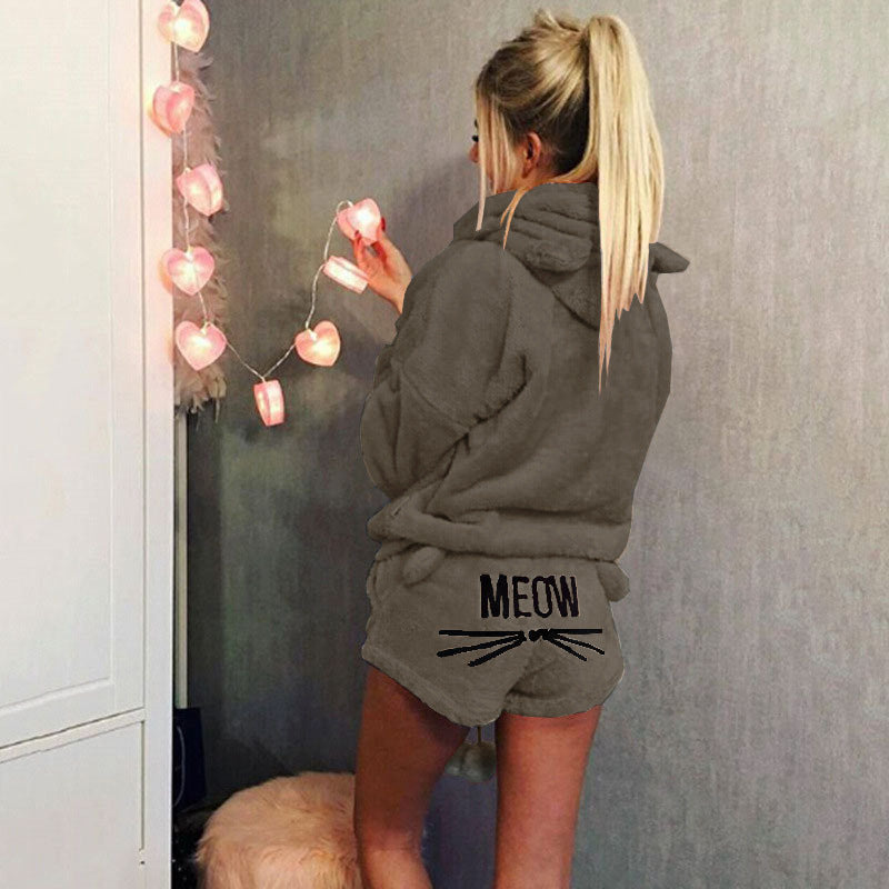 Damen nan kuscheliges zweiteiliges Lounge-Set mit Kapuzenpullover und Shorts mit MEOW-Stickerei EB