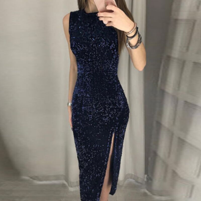 Damen Elegantes Party-Kleid mit glitzerndem Paillettenbesatz und hohem Schlitz EB